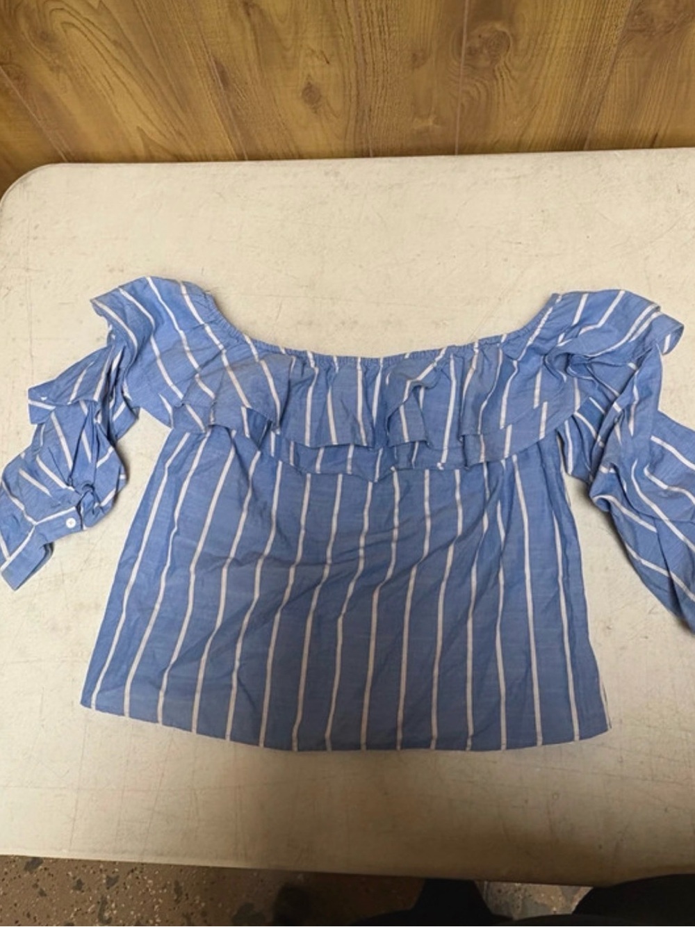 Joie Blue and White Striped Off-Shoulder Ruffle Blouse